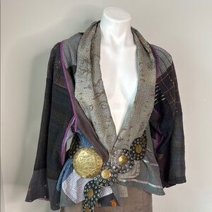 Mieko Mintz Open Shawl Collar Silk/Cotton Hand stitched Kimono Style Jacket